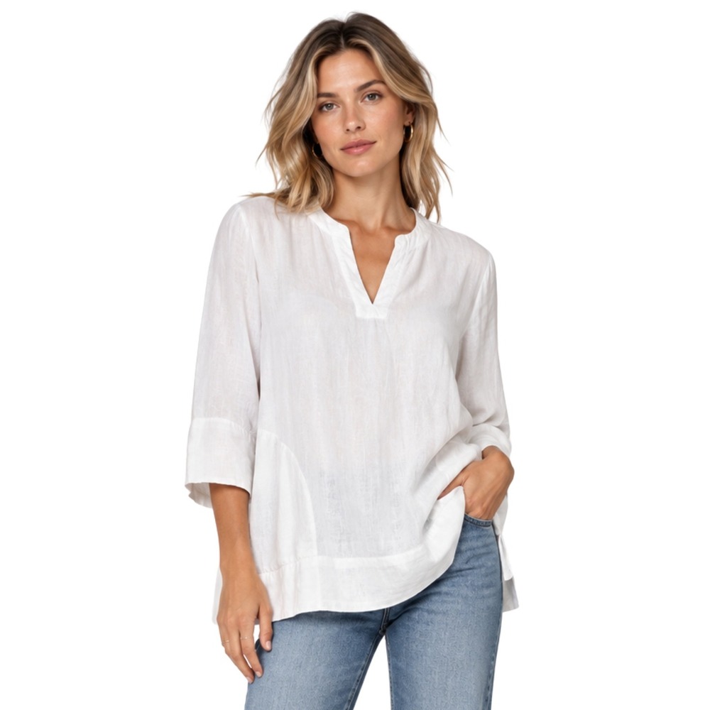 Lands End Top Womens Medium White Linen Blend Split Neck 3/4 Sleeve Tunic Pocket
